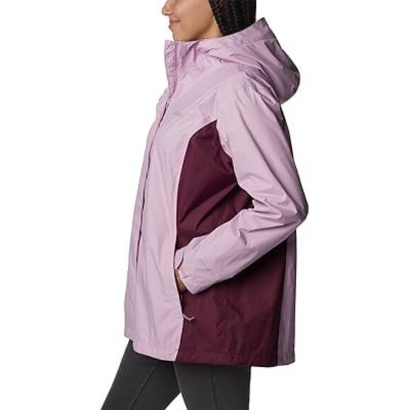 New COLUMBIA Omni-Tech Arcadia II Hooded Rain Jacket Colorblock Pink\Burg 2X - Picture 1 of 8